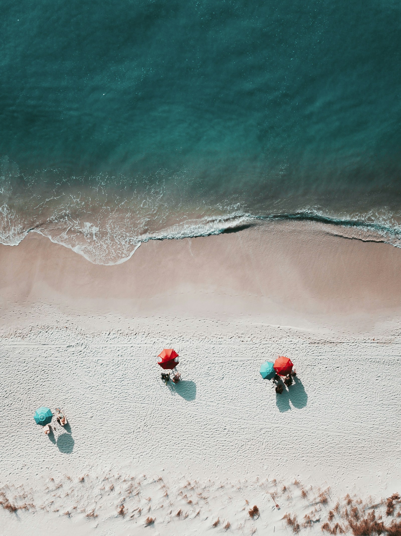 Summer umbrellas along a quiet turquoise shoreline